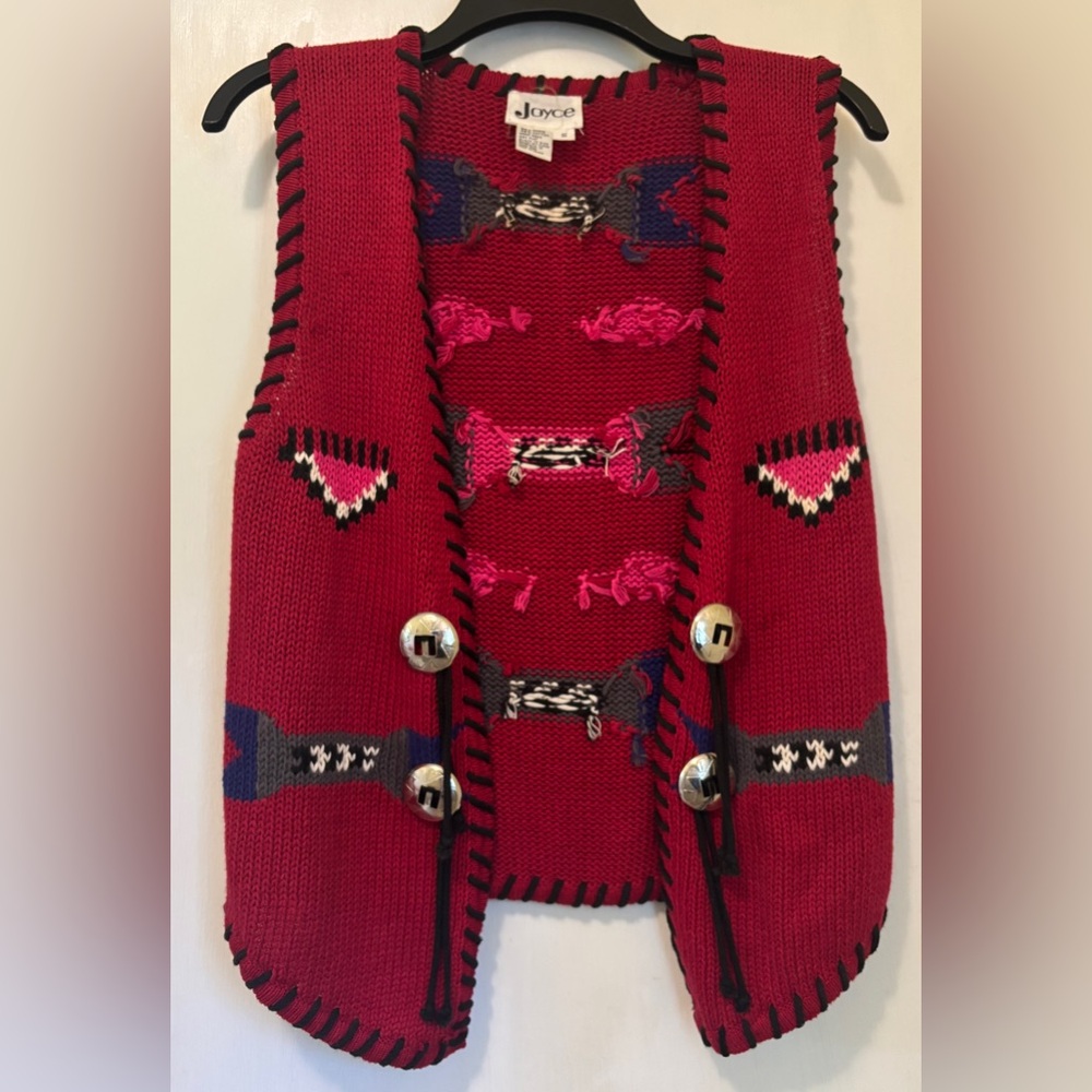 Vintage Joyce southWestern Sweater knit Vest Red w Silvertone buttons size small